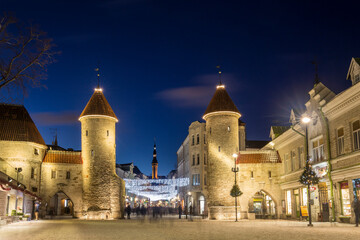 Christmas and new year Tallinn old town. View to Viru Gates.