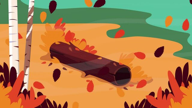 hello autumn animation with tree trunk and leafs scene