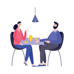 An illustration of a cute young couple drinking coffee in a cafe or at home.