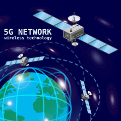 Global 5G internet network satellite communication. Satellites flying orbital upon Earth © hadeev