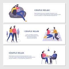Couple relax banners set with man and woman characters flat vector illustration.