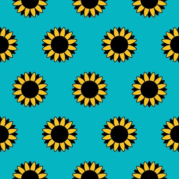 Seamless pattern yellow Sunflowers isolated on blue background. Simple small sun flowers print.