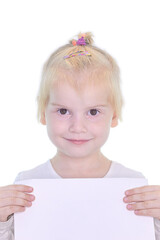 A pretty girl holds a piece of paper in her hands