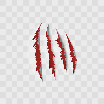 Red bloody animal claw scratches effect realistic vector illustration isolated.