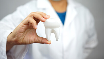female dentist holding tooth model. Dentistry conceptual