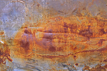  Rusty corrosion and oxidized background. Worn metallic iron panel. Abandoned design wall. Horizontal