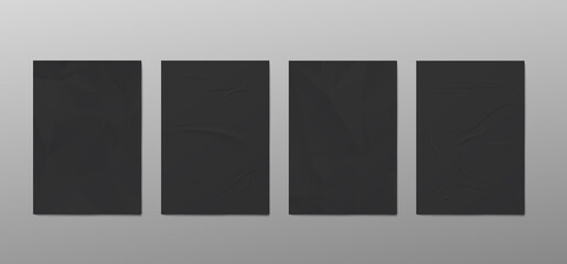 Set of black wrinkled crumpled posters or bills, realistic vector illustration.
