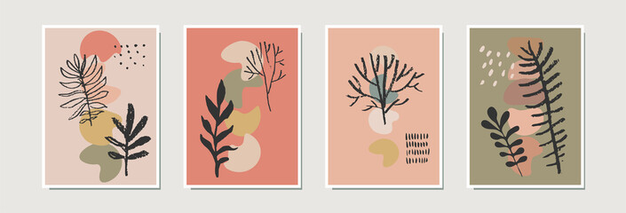 Abstract contemporary artistic cards, posters, prints. Home decoration, framed wall art with hand drawn trees in neutral terracota colors. Organic natural shapes. Vector EPS10 modern illustration