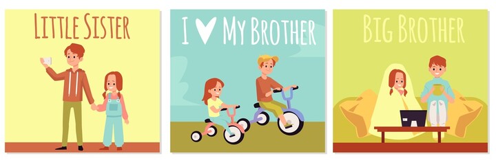 Cards of good relationships between brother and sister flat vector illustration.