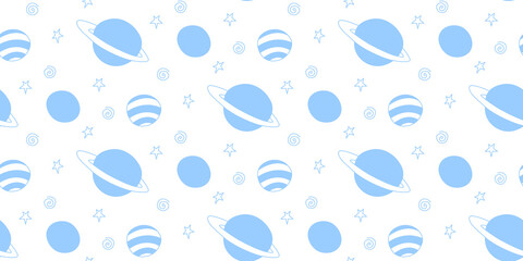 Baby space seamless pattern. Cartoon blue outline planets and stars. Vector cosmic background and texture. For kids design, fabric, wrapping paper, wallpaper, textile, apparel