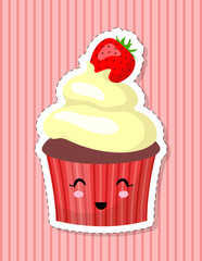 Cupcake with a face in the style of kawaii. Cute cartoon sticker. Vector illustration.