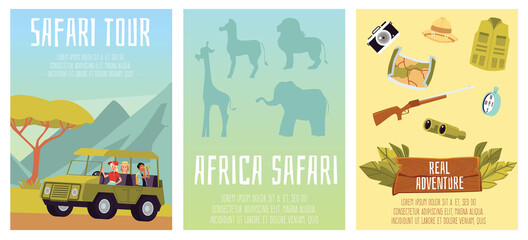 Set of posters for safari tour of african wildlife a vector flat illustrations