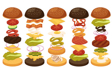 Flat isolated vector illustration of set of fast food with ingredients for cooking