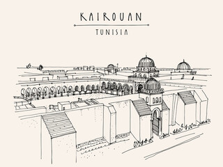 Kairouan, Tunisia hand drawn postcard. Mosque in Kairouan, Tunisia, North Africa. Authentic Arabic exterior. Trave sketch. Touristic poster, postcard or book illustration. EPS10 vector illustration