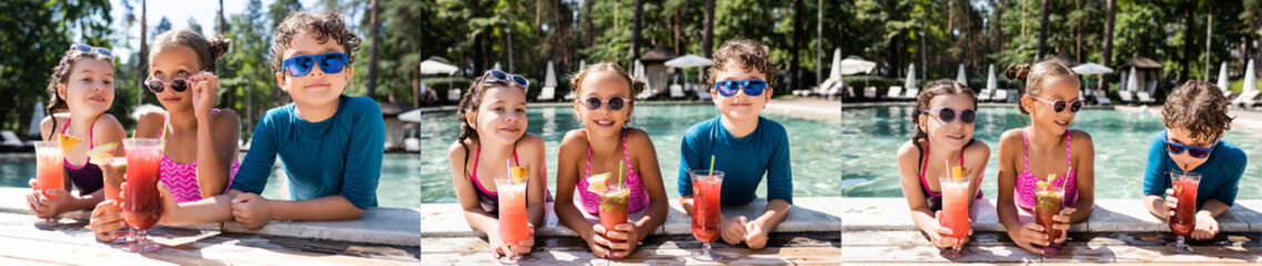 collage of girls and boy in sunglasses with fresh fruit cocktails near swimming pool, horizontal...