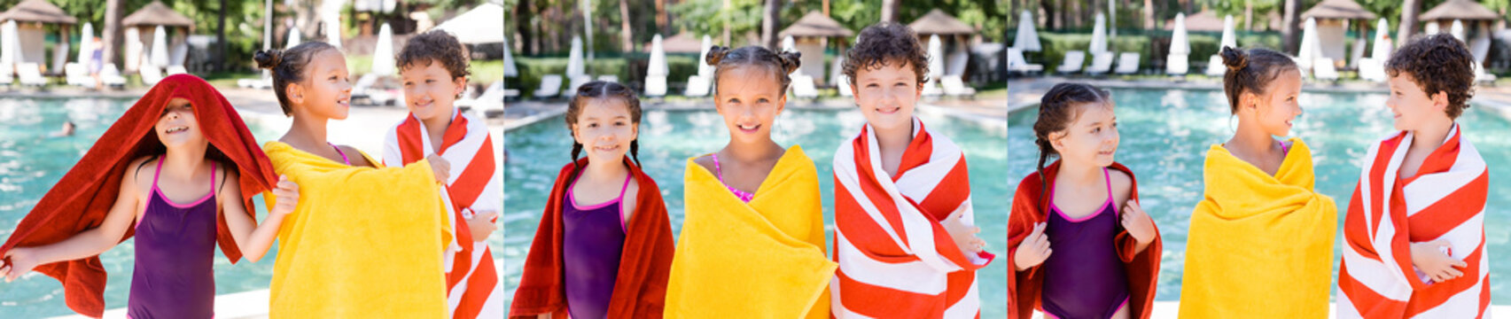 collage of friends wrapping in colorful terry towels near swimming pool, panoramic shot
