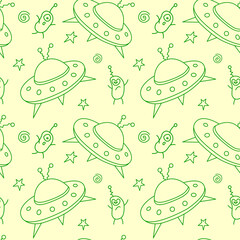 Seamless childish pattern with Flying Saucers, UFO, cute aliens. Vector background and texture for fabric, wrapping, wallpaper, textile, apparel, cover