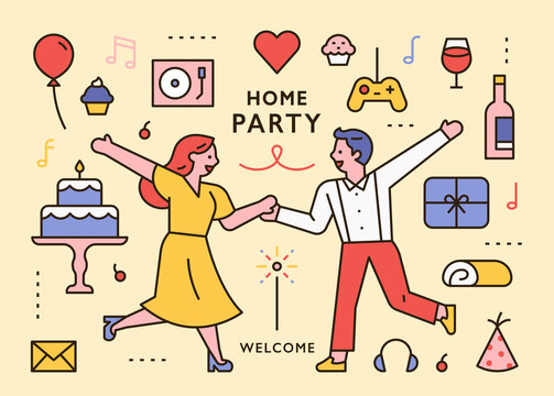 Home party. Dancing couples and party icons set. flat design style minimal vector illustration.