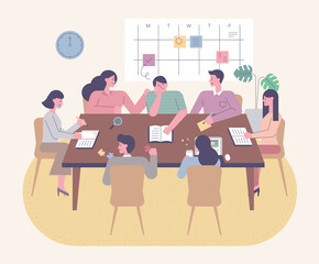 Many people sit around the table to study and share opinions together. flat design style minimal vector illustration.