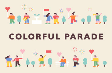 People are doing a colorful parade. flat design style minimal vector illustration.