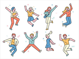 Students are doing exciting and powerful jumps. flat design style minimal vector illustration.