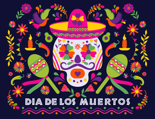 Dias de los Muertos typography banner vector. Mexico design for fiesta cards or party invitation, poster. Flowers traditional mexican frame with floral letters on dark background. Feast of death.