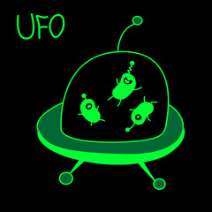 The icon of UFO. Green flying saucer with cute funny Aliens in cartoon style isolated on black background. Simple flat vector icon illustration, for a website or mobile application