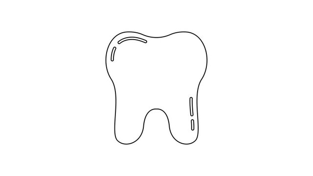 Black line Tooth icon isolated on white background. Tooth symbol for dentistry clinic or dentist medical center and toothpaste package. 4K Video motion graphic animation.