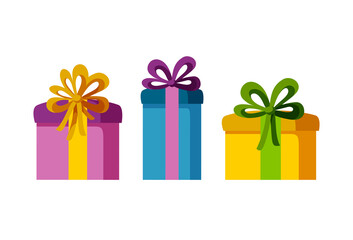 Set of three present boxes of different sizes and colors. Gifts for a happy holiday. Isolated vector illustration in flat style