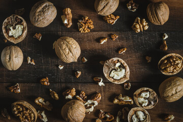 Walnuts on the table top view