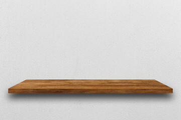 Wooden shelf over white concrete wall background