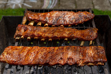 Crispy and Juicy BBQ pork ribs on Grill. Gourmet barbecue. Grilling, Smoking, Baking and Roasting process. Lifestyle concept.