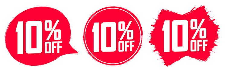 Set Sale 10% off banners, discount tags design template, extra promo, brush grunge, vector illustration