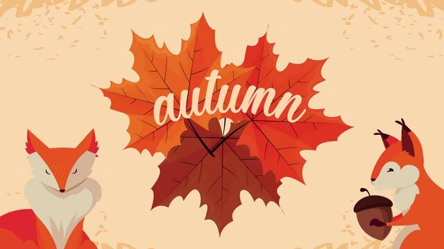 hello autumn animation with lettering and leafs