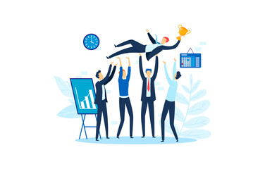 Success corporate victory, business celebration party vector illustration. Professional group achievement, happy man teamwork win. Successful people character toss up leader in office.
