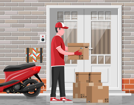 Man left cardboard boxes with goods near house facade. Courier character holds parcel. Carton delivery packaging closed box with fragile signs. Free and fast shipping. Cartoon flat vector illustration