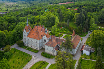 Fototapeta na wymiar Aerial view on castle of Shenborn, Carpathians mountains, Ukraine. June 2020