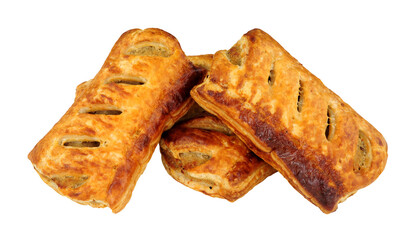 Puff pastry pork meat sausage rolls isolated on a white background