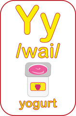 Letter Y. Alphabet tutorial cards collection. Vector illustration. Children alphabet flash card. Kids abc education. Learning English vocabulary. 