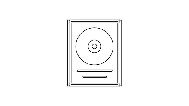Black line CD disk award in frame icon isolated on white background. Modern ceremony. Best seller. Musical trophy. 4K Video motion graphic animation.