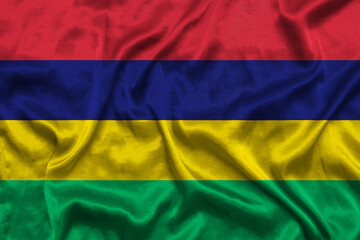 Mauritius national flag background with fabric texture. Flag of Mauritius waving in the wind. Natural proportions. 3D illustration.
