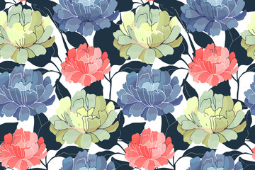 Vector floral seamless pattern. Pink, yellow, blue garden flowers with navy blue branches and leaves isolated on white background. For fabric, wallpaper design, kitchen textile, banners, cards.