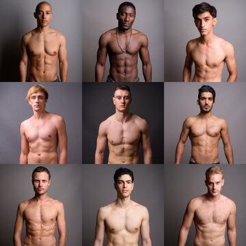 Collage of diverse multi ethnic muscular men shirtless