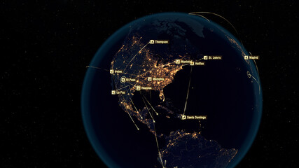 Obraz premium Flight Paths Over North America. North American Air Routes. Flight Connections. Global Communications - Destinations all over the World. Airport International Connectivity. City Lights. 3D Rendering.