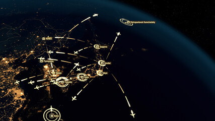 Flight Paths in Asia. World Airplane Flight Travel Plans. Global Flight Connections. City Lights and Names. 3D Illustration. © editableclips.com