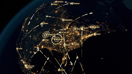 Flight Paths Over North America. North American Air Routes. Flight Connections. Global Communications - Destinations all over the World. Airport International Connectivity. City Lights. 3D Rendering.