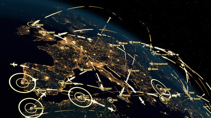 Global Communications - Destinations Over Europe. Airport International Connectivity. World Airplane Flight Travel Plans Connections. The HiRes Texture of City Lights. 3D Rendering.