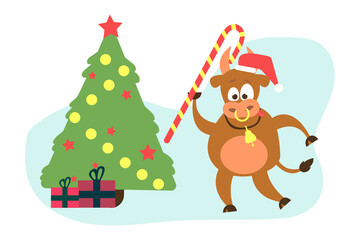 Cute bull with candy and christmas tree and gifts. Flat illustration, Happy New Year concept, symbol of year 2021.