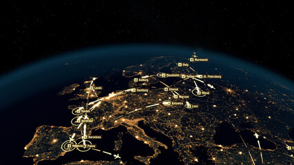 Global Communications - Destinations Over Europe. Airport International Connectivity. World Airplane Flight Travel Plans Connections. The HiRes Texture of City Lights. 3D Rendering.