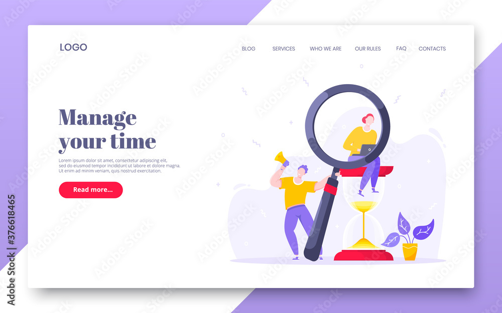Poster time management business concept with tiny people, giant hourglass and magnifier symbol working on h